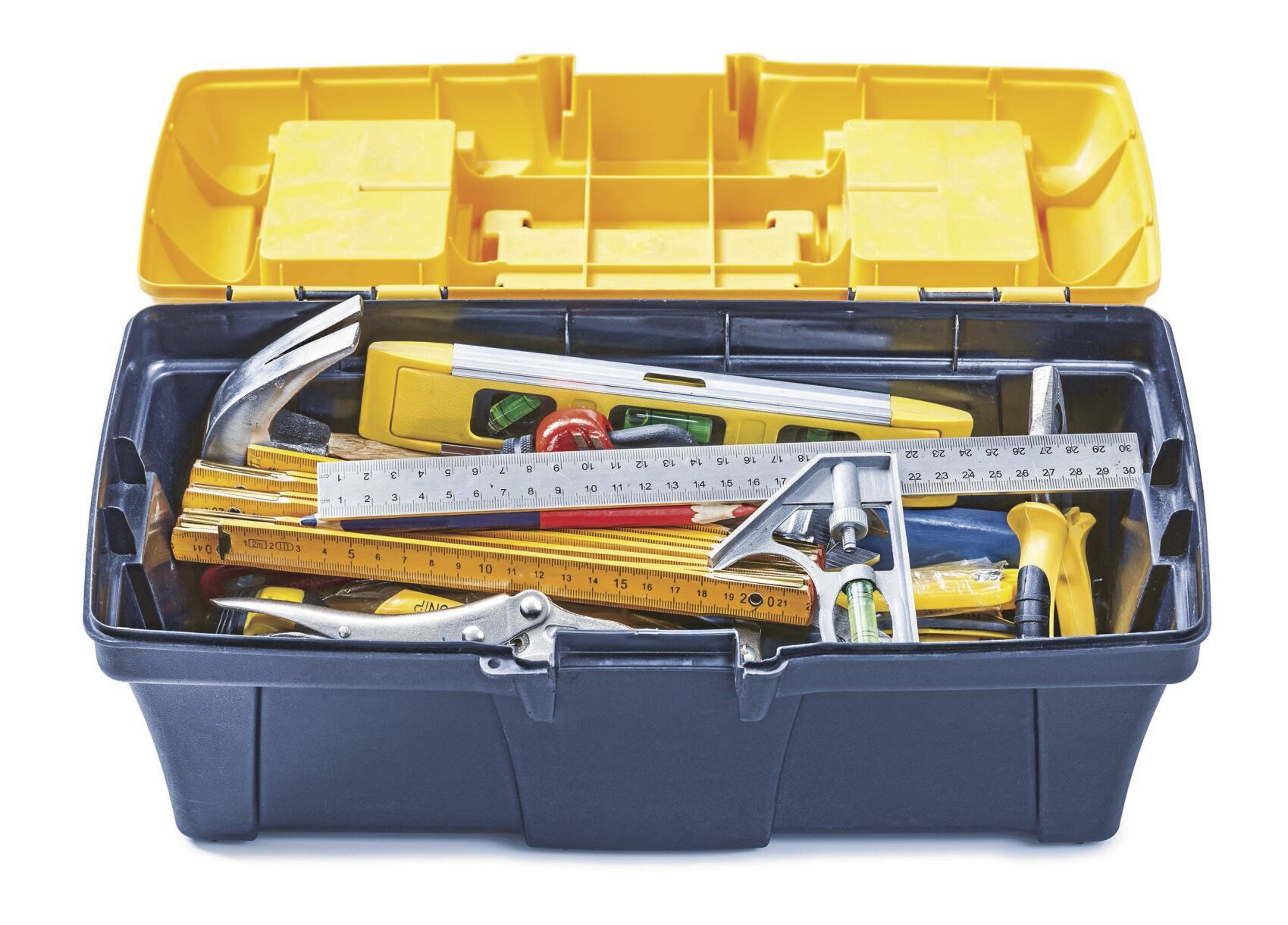opened toolbox with tools isolated on white
